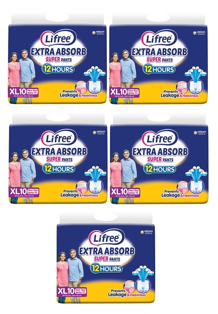 COMPATIBLE WITH Lifree SUPER EXTRA Absorb Adult Diaper Pants For Unisex Packs Pant Style For Unisex - XL10 Set Of 5 Packs(10 Pcs Each) For Waist Size 35-49 Inches