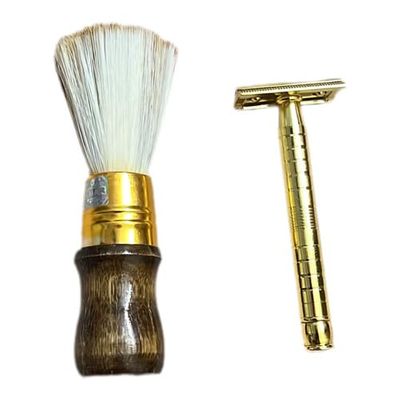 Classic Shaving Set, Gold-Plated Safety Razor with Wooden Handle Brush, Men's Grooming Kit