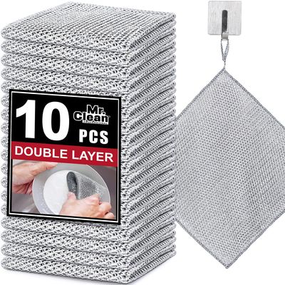 Mr. Clean Pack of 10 Steel Scrubber for Kitchen - Heavy-Duty Stainless Steel Wool Scrubber Pads for Dishes, Pans, Sinks & Counters - Rust-Resistant, Machine Washable - Multipurpose Cleaning Pads