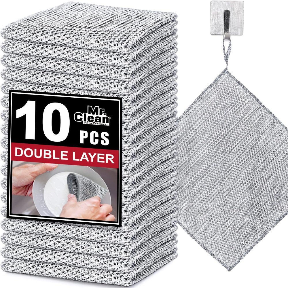 Mr. Clean Pack of 10 Steel Scrubber for Kitchen - Heavy-Duty Stainless Steel Wool Scrubber Pads for Dishes, Pans, Sinks & Counters - Rust-Resistant, Machine Washable - Multipurpose Cleaning Pads