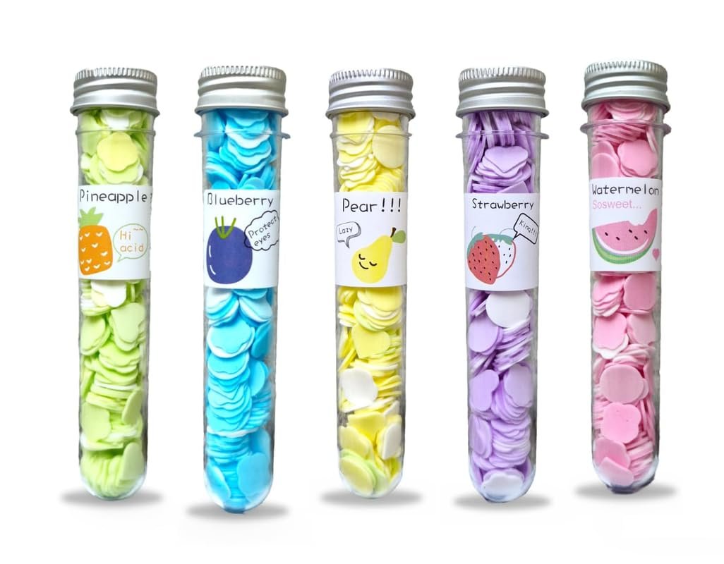 Cursive,Trendy Paper Soap Strips For Travel Essential For Women Men Kids -Travel Accessories Dissolvable Sheets For Hand Wash -Tube Box (Pack of 5, Blueberry-Pineapple-Strawberry-Watermelon-Pear)