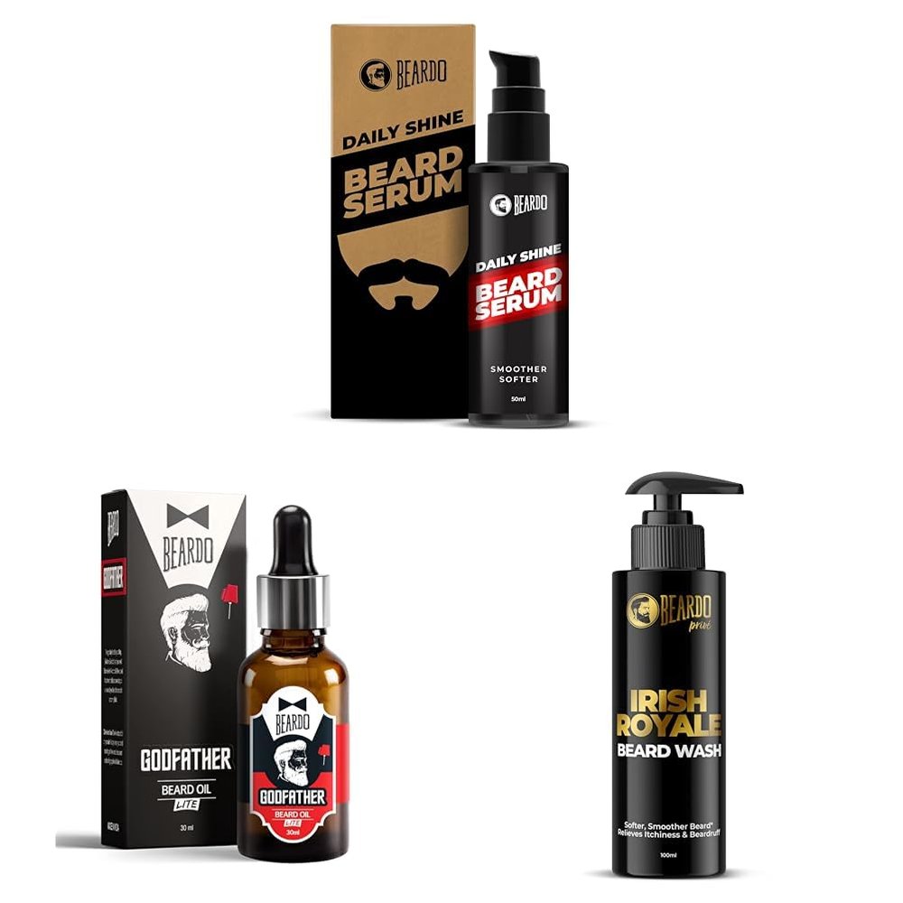 Beardo Beard Serum 50ml, Godfather Lite Beard Oil 30ml & Irish Royale Beard Wash 100ml Softens, Smoothens, Nourishes & Refreshes Beard, Daily Use, Non-Sticky