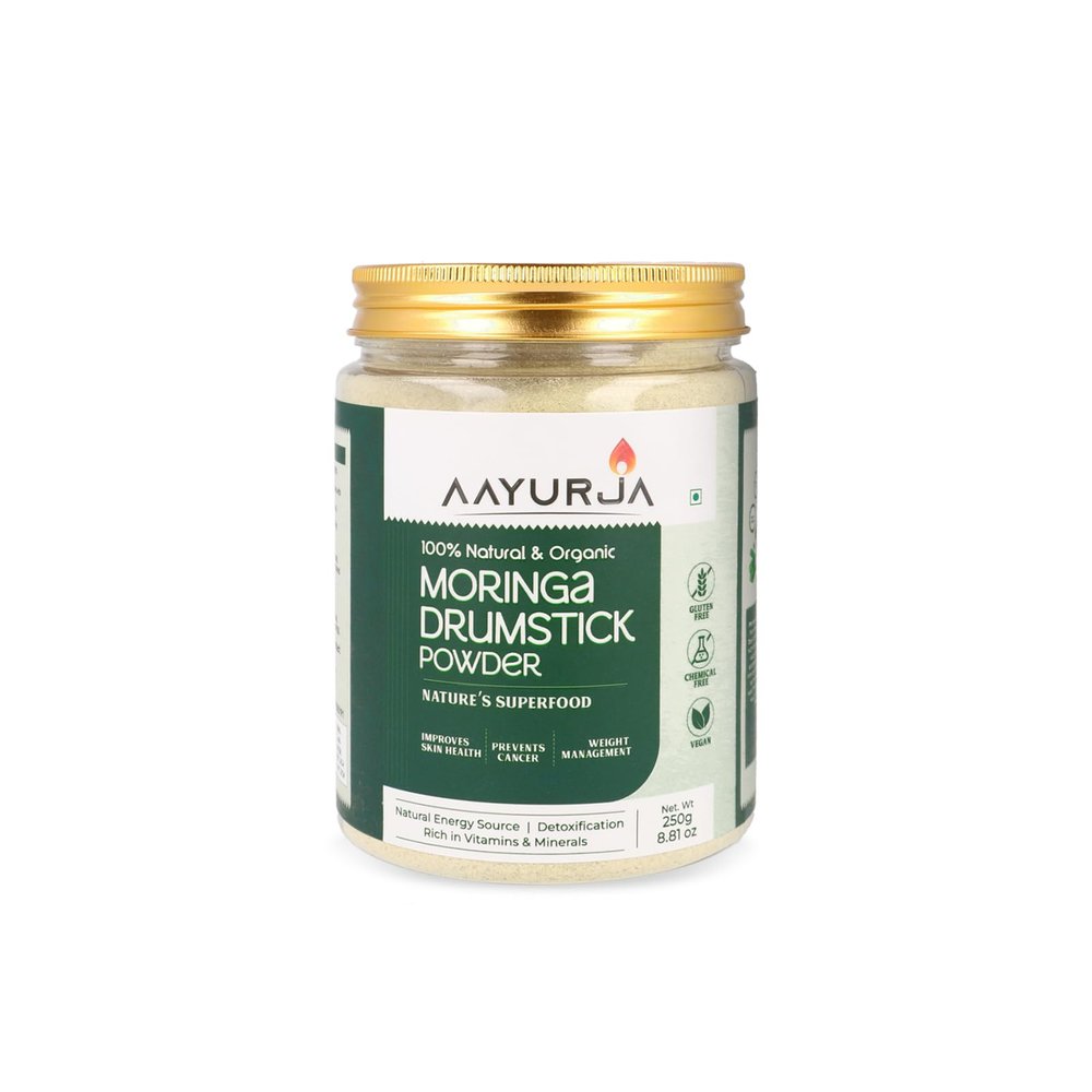 AAYURJA Organic Moringa Drumstick Powder | 100% Natural Superfood for Energy, Immunity & Detox | Rich in Iron, Protein & Antioxidants | Vegan, Chemical-Free | 250g