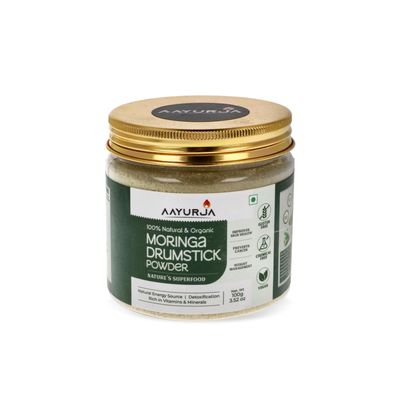 AAYURJA Organic Moringa Drumstick Powder | 100% Natural Superfood for Energy, Immunity & Detox | Rich in Iron, Protein & Antioxidants | Vegan, Chemical-Free | 100g