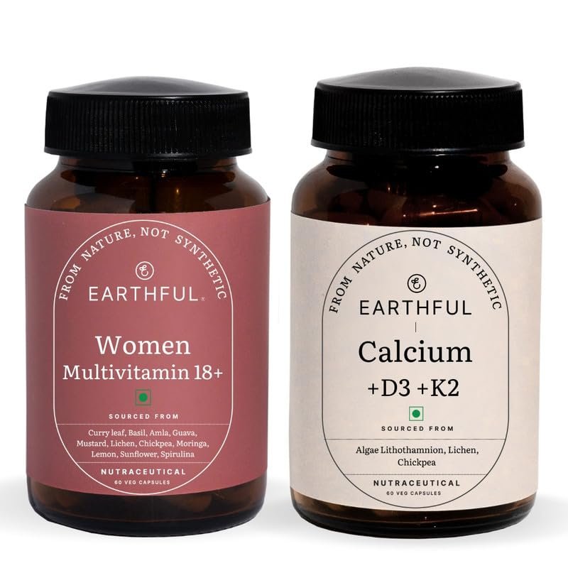 Earthful Women's Complete Care Combo | Multivitamin Women 18+ & Calcium+D3+K2 | Bone Health, Hormonal Balance | 100% Natural with 12 Vital Vitamins | 60 Capsules