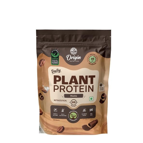 Origin Nutrition 100% Natural Plant Based Protein Powder 823g, Mocha Flavour with 25g per serve Plant Based Protein, No Added Sugar, Gluten Free, Dairy Free, Soy Free, Non - GMO, 20 servings