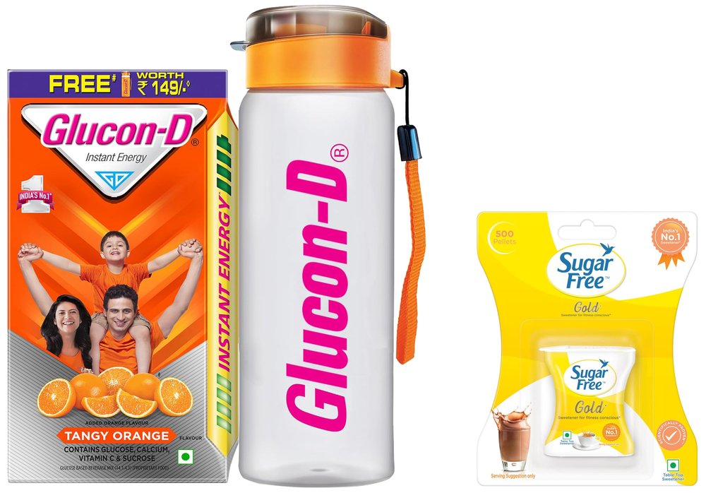 Glucon-D Tangy Orange Glucose Powder, 1Kg & Sugar Free Gold, 500 Pellets
