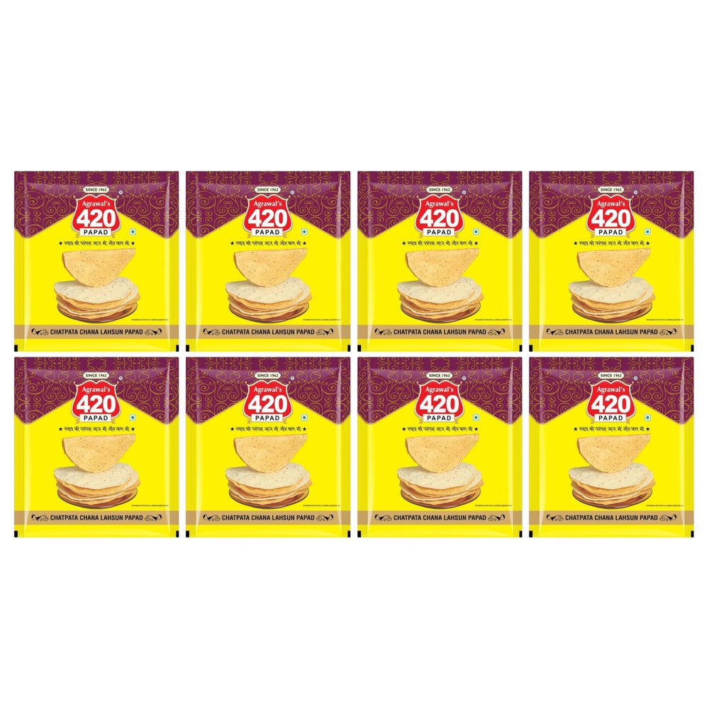 Agrawal's 420 Chatpata Chana Lahsun Papad (Buy One Get One) | 100% Vegetarian, No Artificial Colors | Crispy & Crunchy Side for Meals & Snacks | Pack of 8, 1600g (200g each pack)