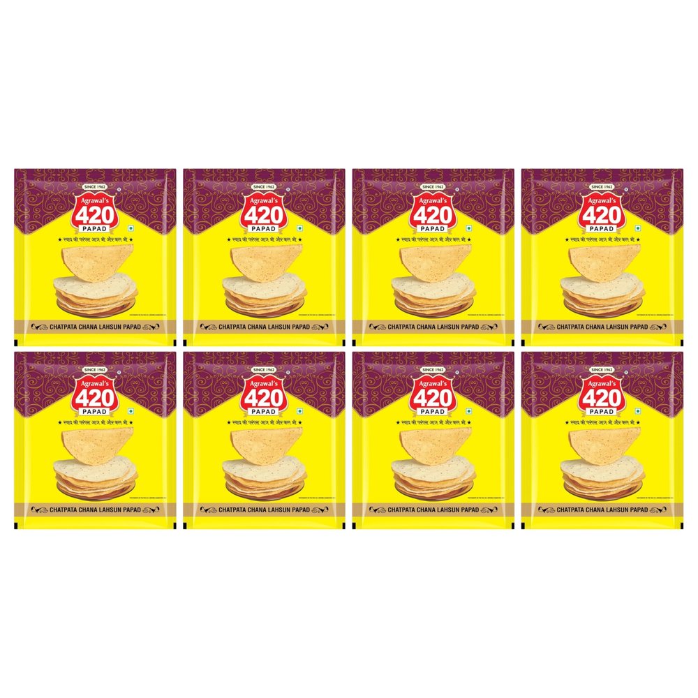 Agrawal's 420 Chatpata Chana Lahsun Papad (Buy One Get One) | 100% Vegetarian, No Artificial Colors | Crispy & Crunchy Side for Meals & Snacks | Pack of 8, 3200g (400g each pack)
