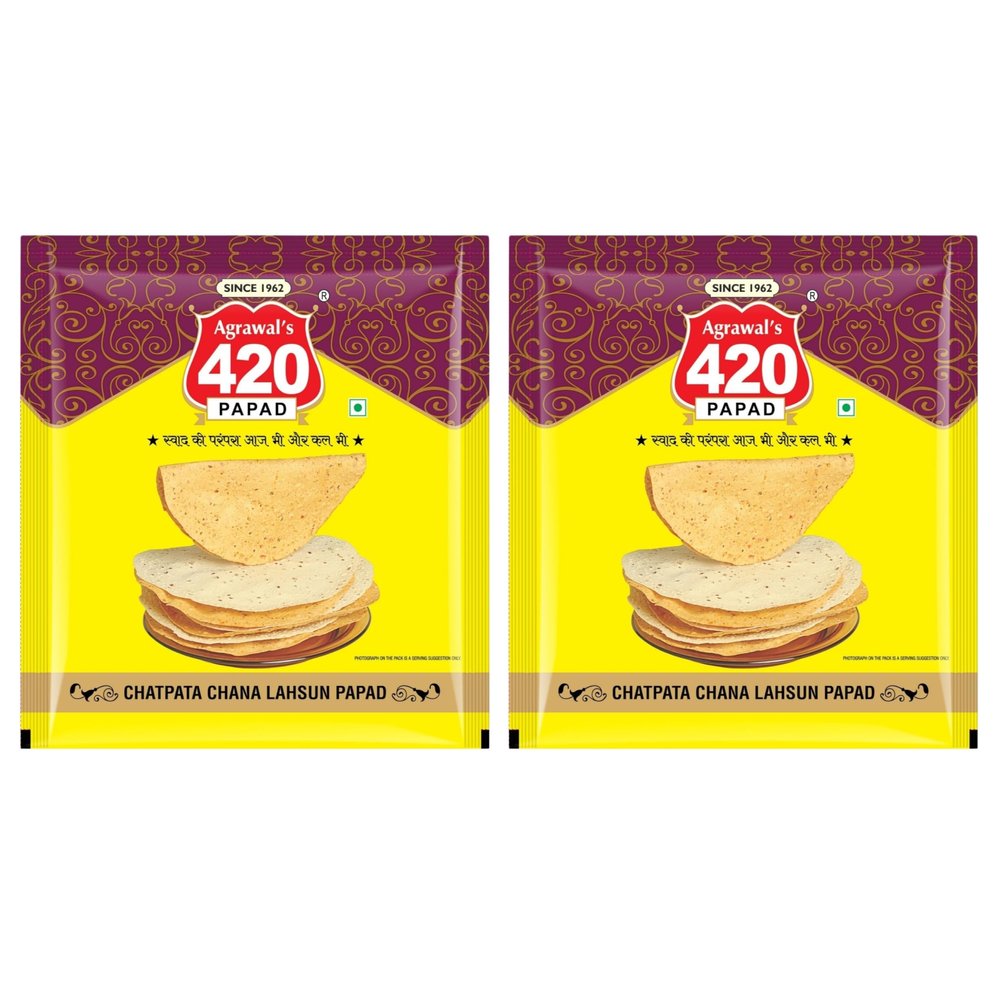 Agrawal's 420 Chatpata Chana Lahsun Papad (Buy One Get One) | 100% Vegetarian, No Artificial Colors | Crispy & Crunchy Side for Meals & Snacks | Pack of 2, 400g (200g each pack)