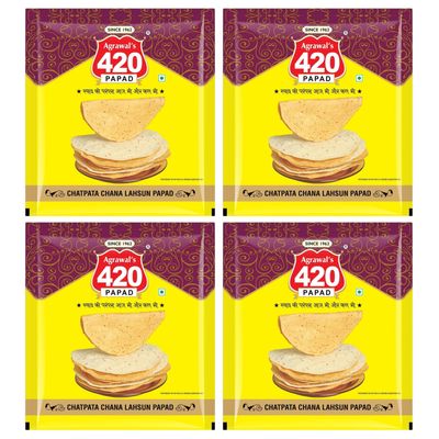 Agrawal's 420 Chatpata Chana Lahsun Papad (Buy One Get One) | 100% Vegetarian, No Artificial Colors | Crispy & Crunchy Side for Meals & Snacks | Pack of 4, 1600g (400g each pack)