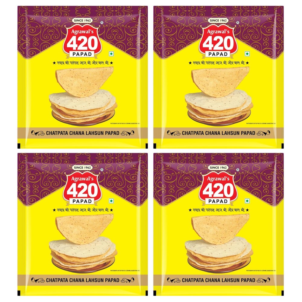 Agrawal's 420 Chatpata Chana Lahsun Papad (Buy One Get One) | 100% Vegetarian, No Artificial Colors | Crispy & Crunchy Side for Meals & Snacks | Pack of 4, 1600g (400g each pack)