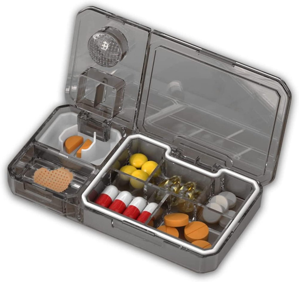 Blink Basket Pill Cutter, Pill Crusher, Pill Splitter, 3 in 1 Multi-Functional Pill Cutter, Portable Travel Small Pill Box Case Holder, Purse Medicine Container for Cutting Vitamins Tablets (Grey)