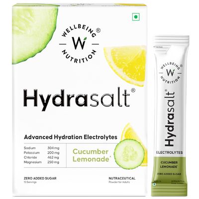 WELLBEING NUTRITION HydraSalt Electrolyte Drink With Zero Added Sugar | 5 Electrolytes & 3 Vitamins For Instant Hydration,Energy,Performance & Recovery, Cucumber Lemonade Flavor 90G,Pack of 15,Powder