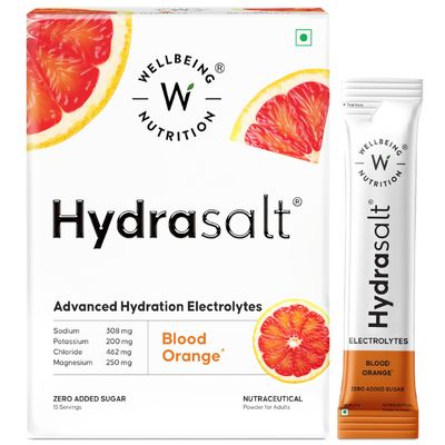 Wellbeing Nutrition HydraSalt Electrolyte Drink with Zero Added Sugar | 5 Electrolytes & 3 Vitamins for Instant Hydration, Energy, Performance & Recovery, Blood Orange Flavor 90g, Pack of 15