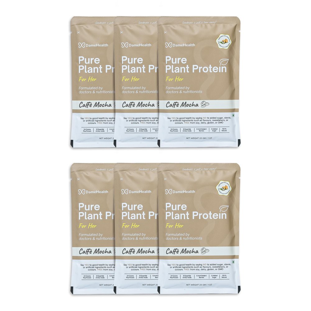 DAME HEALTH Pure Plant Protein for Women - Caffe Mocha (6 Sachets, 198g) Pea Isolate | Pregnancy Safe | Vegan | Sugar free | Natural Ingredient | Antioxidant for Women's Health | Suitable for All Age Women