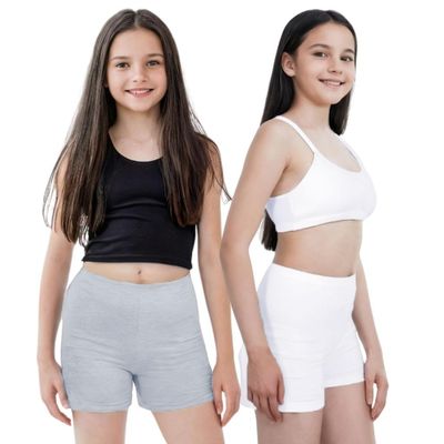 Adira | Inner Shorts for Teens | Under Dress Shorts | Full Hip Coverage | High Waist | Thigh Length | Prevents Inner Thigh Chafing | Pack of 2 | White & Grey | 10-12 Years
