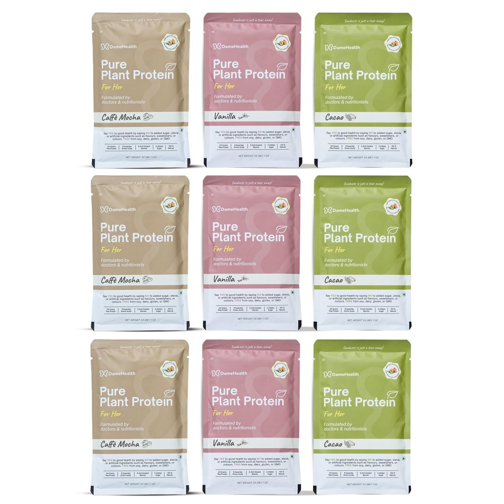 DAME HEALTH Pure Plant Protein for Women Combo - All Flavour | Assorted Sachets | 24g Protein/Serve | Pea Isolate | Easy to Digest | 6 Natural Antioxidants | Safe, Vegan | Sugar free | 9 Sachets, 297g