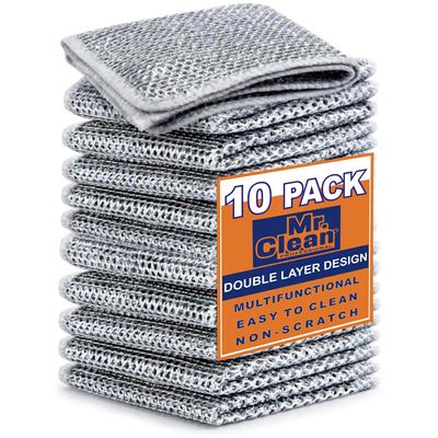Mr. Clean Pack of 10 Multipurpose Steel Scrubber for Kitchen - Heavy-Duty Stainless Steel Wool Scrubber Pads for Dishes, Pans, Sinks & Counters - Non-Scratch, Rust-Resistant, Machine Washable
