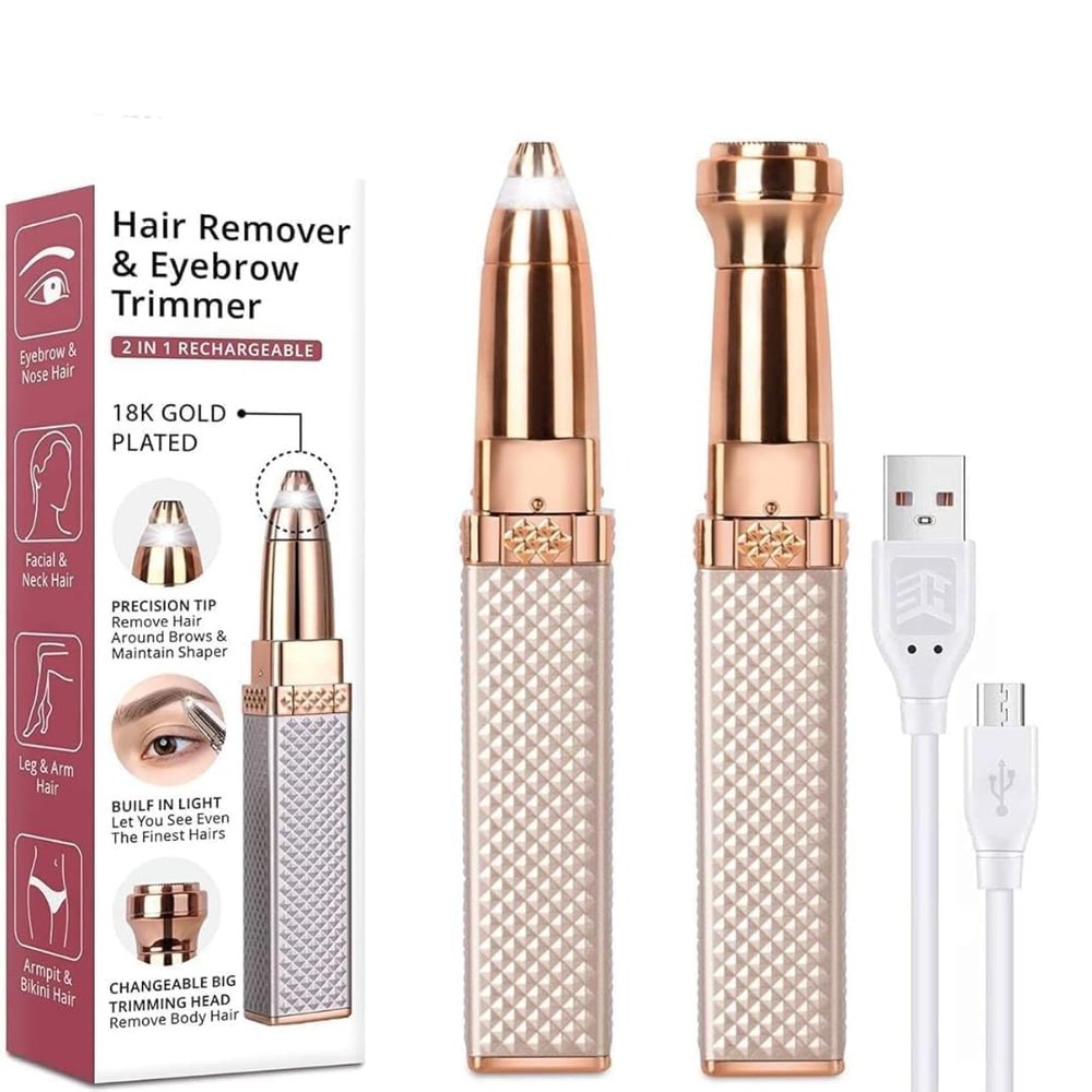 AJB 2-in-1 Eyebrow Trimmer for Women - Facial Hair Remover Machine For Women - Eyebrows, Face,Upper Lips,and Nose Hair Remover, Epilator With Ring Light (Gold Colour)