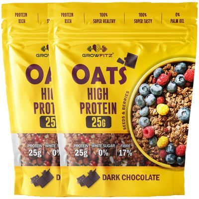 Growfitz 25g High Protein Oats 800 Gram, Pack of 2 | Dark Chocolate Oatmeal | 17g Fiber, No Sugar, With Almonds, Raisin, Pumpkin and Chia Seeds & Healthy Fats | Super Rolled Oats | Breakfast Cereals
