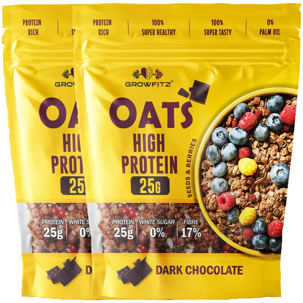 Growfitz 25g High Protein Oats 800 Gram, Pack of 2 | Dark Chocolate Oatmeal | 17g Fiber, No Sugar, With Almonds, Raisin, Pumpkin and Chia Seeds & Healthy Fats | Super Rolled Oats | Breakfast Cereals