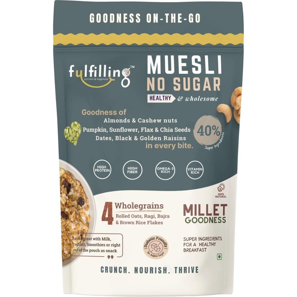 Fulfilling Muesli Sugar free 350g| Pumpkin, Flax & Chia seeds, Dry fruit & Nuts - Rolled Oats + Millet flakes | No added Sugar snack | Gluten free Healthy Breakfast
