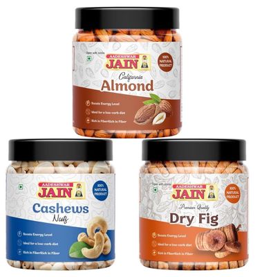 Aadeshwar Jain Almonds + Cashews + Anjeer Combo 250gm Each (Total 750)