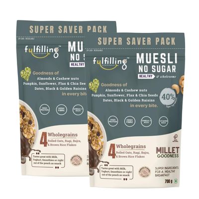Fulfilling Muesli Sugar free (700gx2) Pumpkin, Flax & Chia seeds, Dry fruit & Nuts Rolled Oats + Millet flakes No added Sugar snack | Gluten free Healthy Breakfast