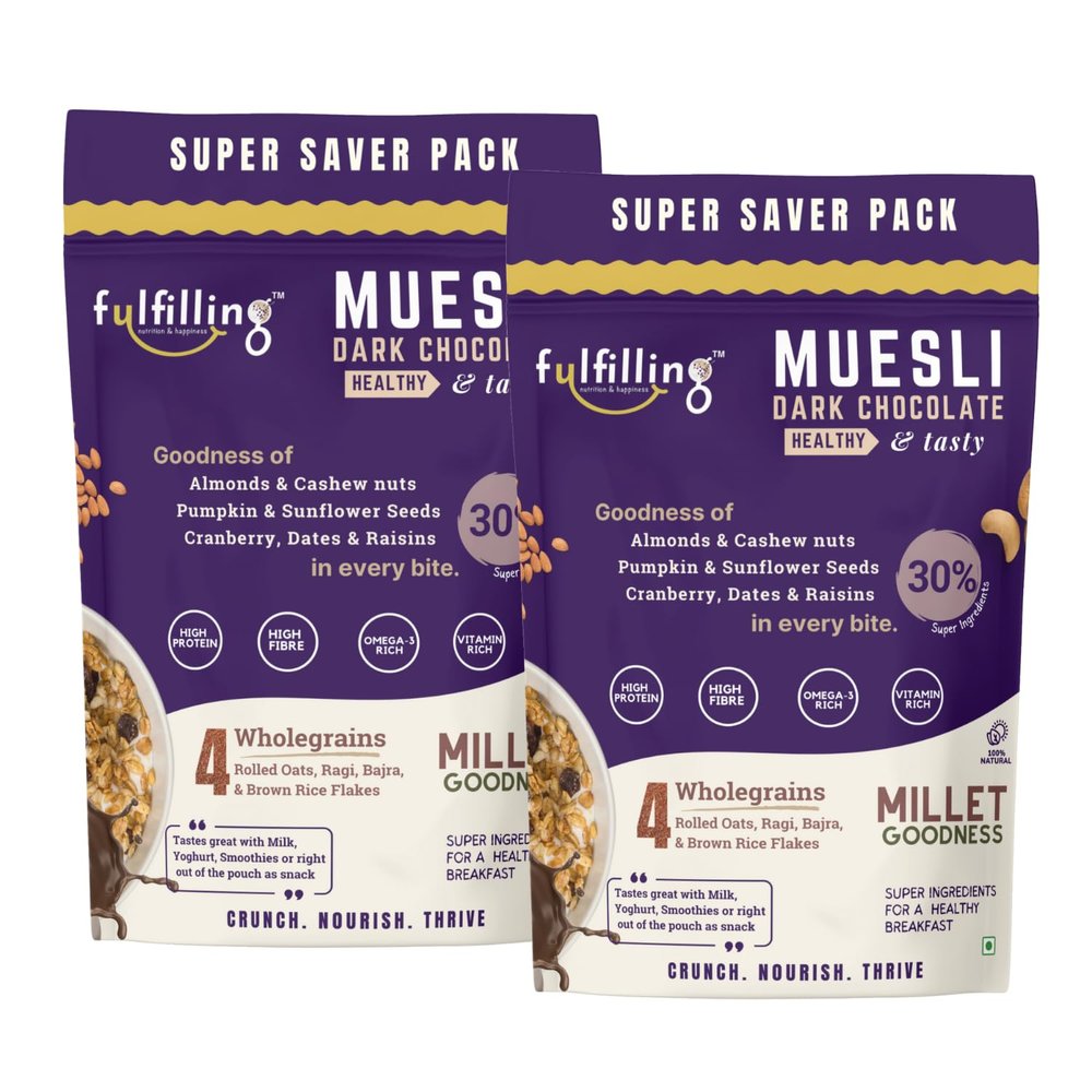 Fulfilling Chocolate Muesli- Tasty & Healthy Breakfast Cereal (700gx2), Dry fruit & Nuts, Pumpkin & Sunflower Seeds + Cranberry | Rolled Oats & Millet Flakes