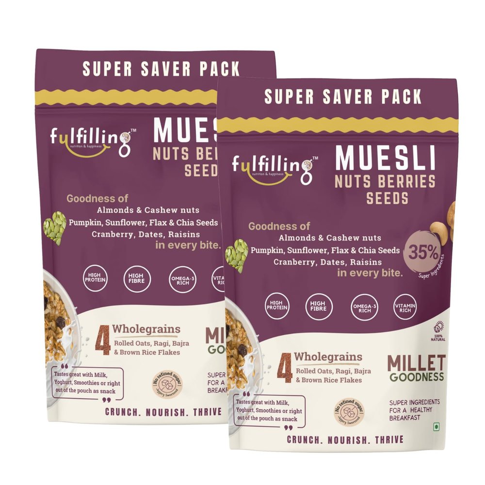 Fulfilling Muesli Fruit & Nuts - Nuts Berries Seeds (700gx2) | Pumpkin, Flax & Chia Seeds, Cranberry, Rolled Oats + Millet Flakes | No Refined Sugar, Healthy Breakfast
