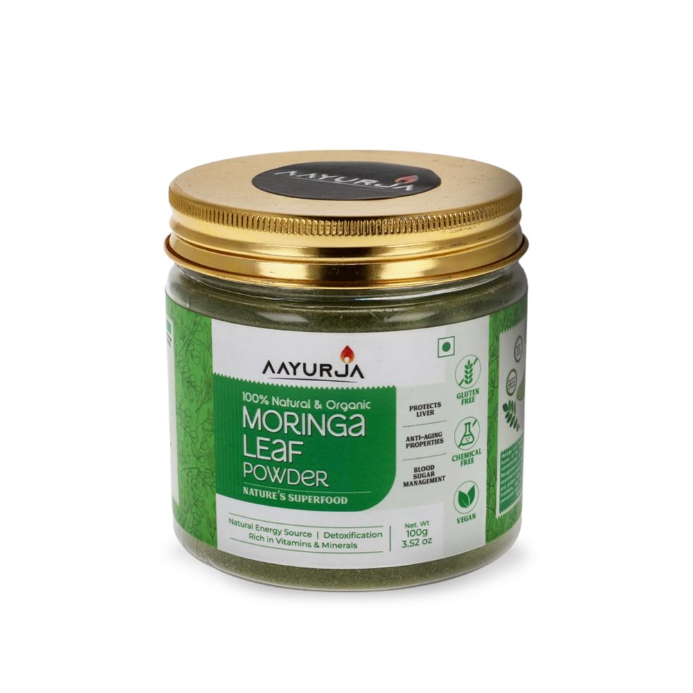 AAYURJA Moringa Leaf Powder | Organic Superfood with Natural Vitamins, Minerals & Antioxidants | Energy, Immunity & Detox Support | Vegan, Gluten-Free, Chemical-Free | 100g