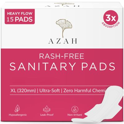 AZAH Sanitary Pads for Women XL [Pack of 15] 100% Rash-Free sanitary napkins | 3x More Absorption, Cottony Soft and Dry Top Cover for heavy Flow | Toxin Free, Locks Odour, Leak-Proof