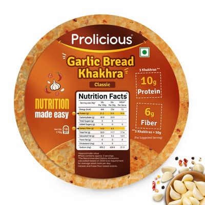 Prolicious 2X Protein Garlic Bread Khakhra | NO Palm Oil | Crispy | Ready to Eat | Flavourful | High Protein Healthy Anytime Snack ?170grams