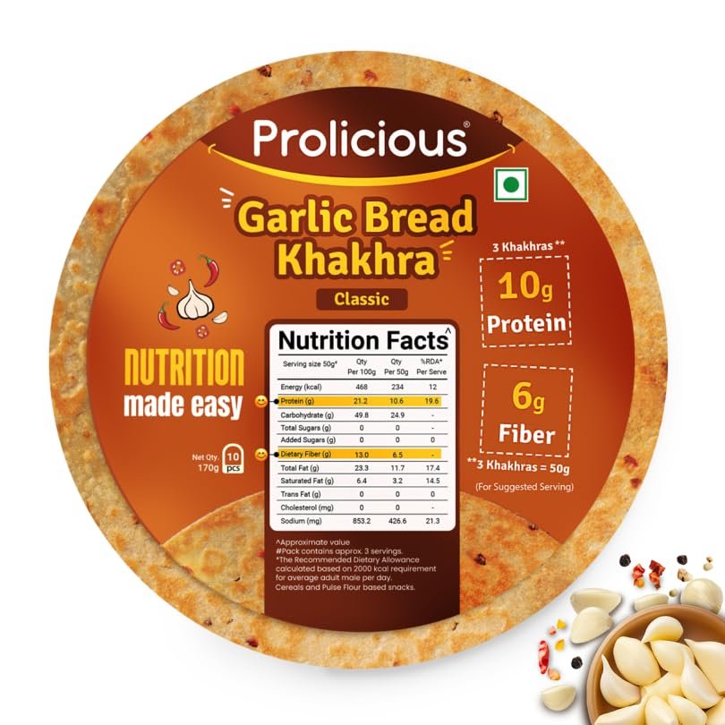 Prolicious 2X Protein Garlic Bread Khakhra | NO Palm Oil | Crispy | Ready to Eat | Flavourful | High Protein Healthy Anytime Snack ?170grams