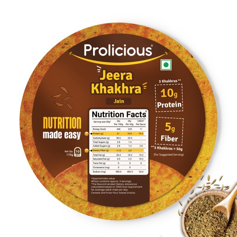 Prolicious 2X Protein Jeera Khakra | NO Palm Oil | Crispy | Ready to Eat | Flavourful | High Protein Healthy Anytime Snack ? 170grams