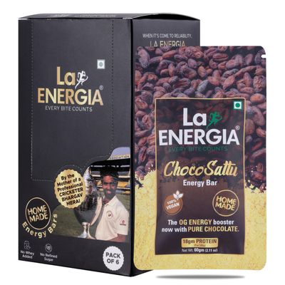 LA ENERGIA HOMEMADE Choco Sattu High Protein Energy Bar (Pack of 6) | Vegan & Gluten-Free | No Whey Added | No Refined Sugar | Healthy Snack | Natural Ingredients (360 gm)
