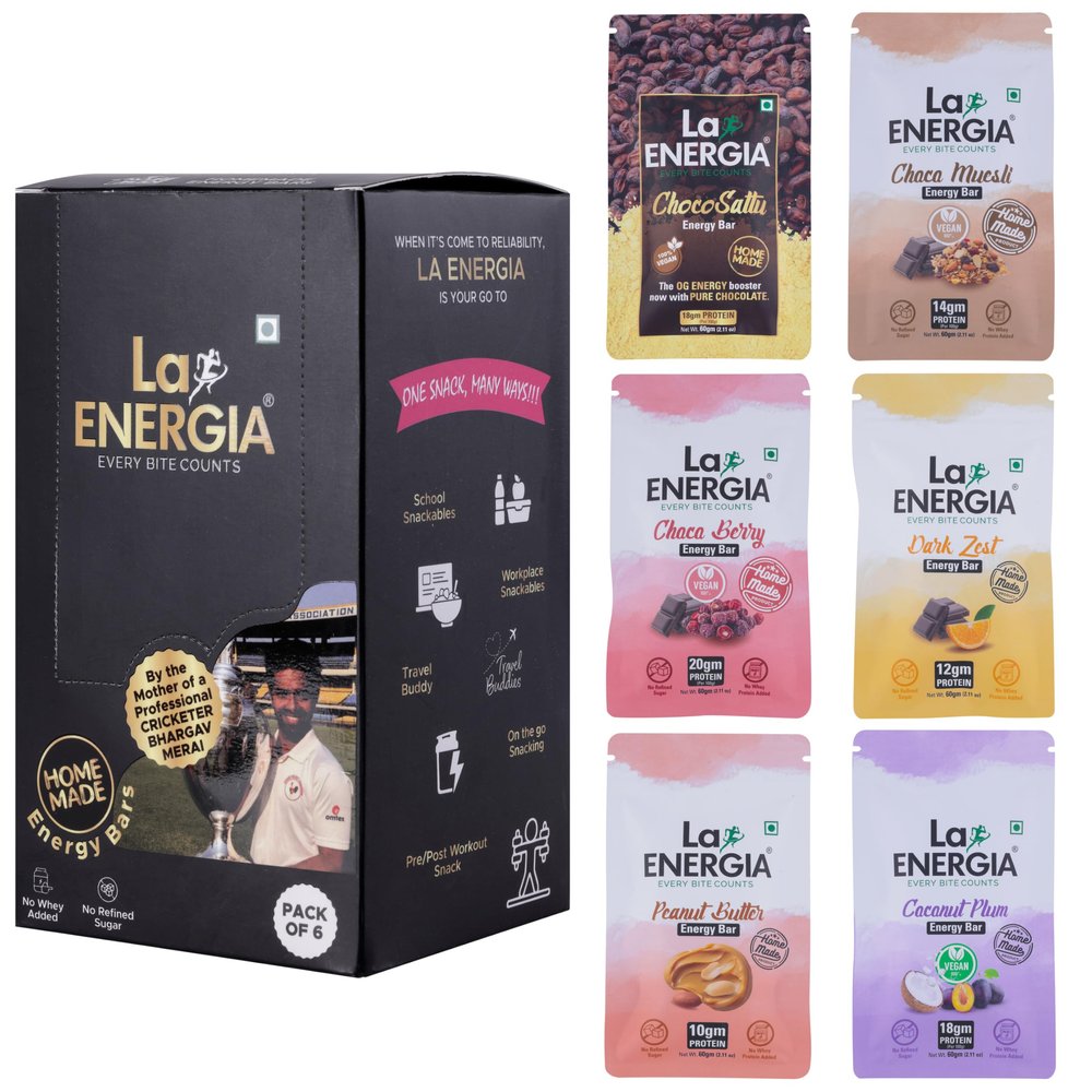 LA ENERGIA HOMEMADE Assorted Box High Protein Energy Bar (Pack of 6) | Gluten-Free | No Whey Added | No Refined Sugar | Healthy Snack | Natural Ingredients (360 gm)