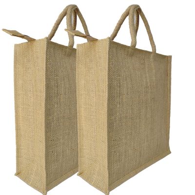 Natural Plain Design Jute Shopping Bags, Large Reusable Lunch Bag,Tote Bags with Handles,33 * 30 * 12 cm, Set of 2