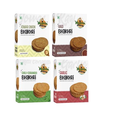 NEHVIM Traditional Freshly Baked Delicious Bhakhri Ideal for Tea Time Snacking, Picnics And Travel Pack Of 4 (Jower Onion, Ragi, Chilli - Coriander, Garlic)