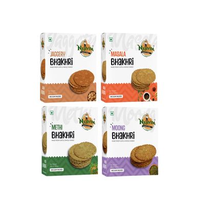 NEHVIM Traditional Freshly Baked Delicious Bhakhri Ideal for Tea Time Snacking, Picnics And Travel Pack Of 4 (Jaggery, Masala, Methi, Moong)
