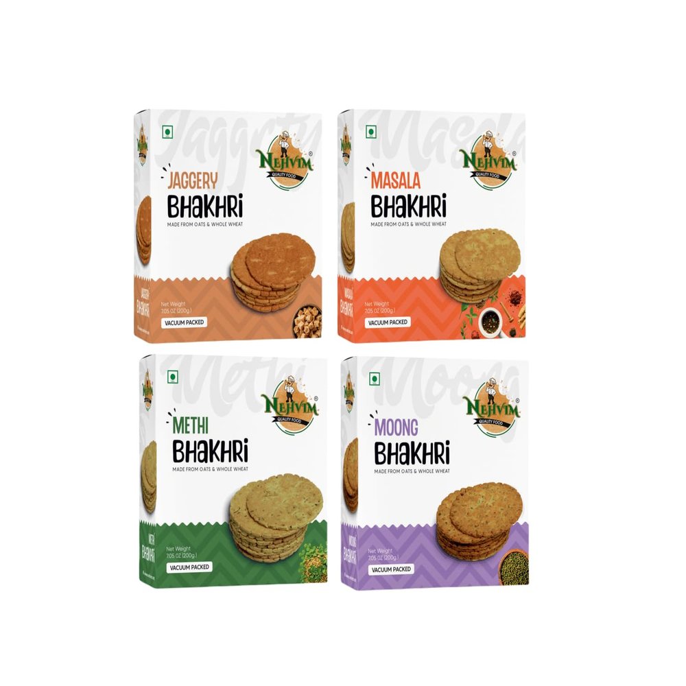 NEHVIM Traditional Freshly Baked Delicious Bhakhri Ideal for Tea Time Snacking, Picnics And Travel Pack Of 4 (Jaggery, Masala, Methi, Moong)