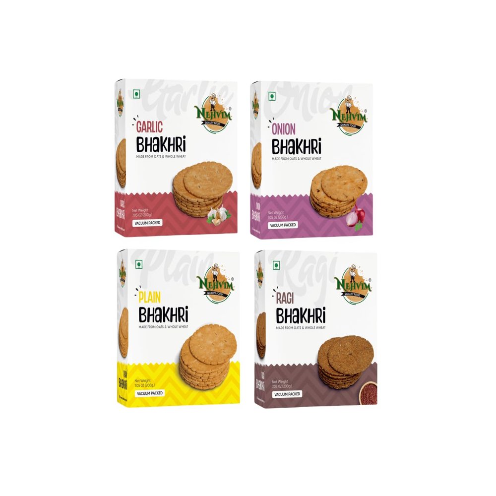 NEHVIM Traditional Freshly Baked Delicious Bhakhri Ideal for Tea Time Snacking, Picnics And Travel Pack Of 4 (Garlic, Onion, Plain, Ragi)