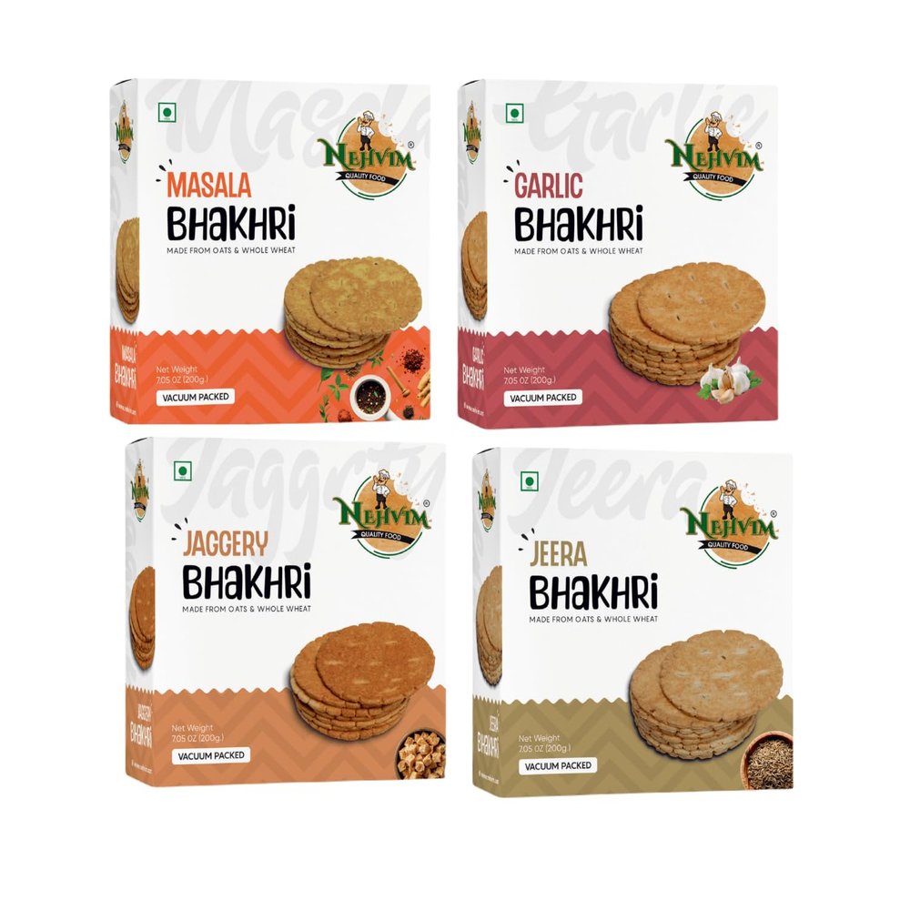 NEHVIM Traditional Freshly Baked Delicious Bhakhri Ideal for Tea Time Snacking, Picnics And Travel Pack Of 4 (Masala, Garlic, Jaggery, Jeera)