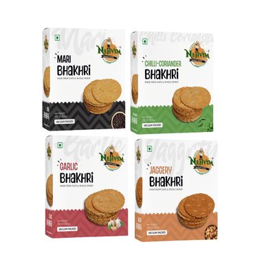 NEHVIM Traditional Freshly Baked Delicious Jower Onion Bhakhri Ideal for Tea Time Snacking, Picnics And Travel Pack Of 4 (Mari, Chilli - Coriander, Garlic, Jaggery)
