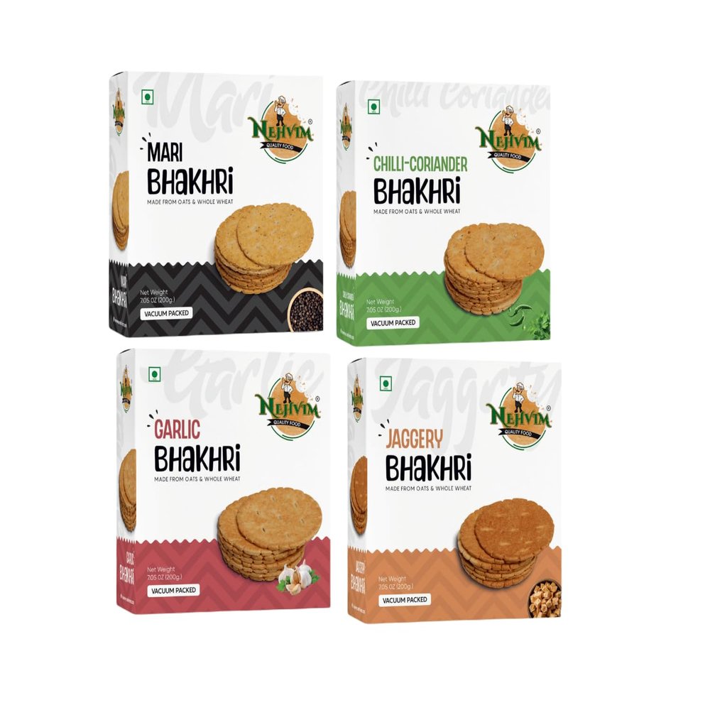NEHVIM Traditional Freshly Baked Delicious Jower Onion Bhakhri Ideal for Tea Time Snacking, Picnics And Travel Pack Of 4 (Mari, Chilli - Coriander, Garlic, Jaggery)