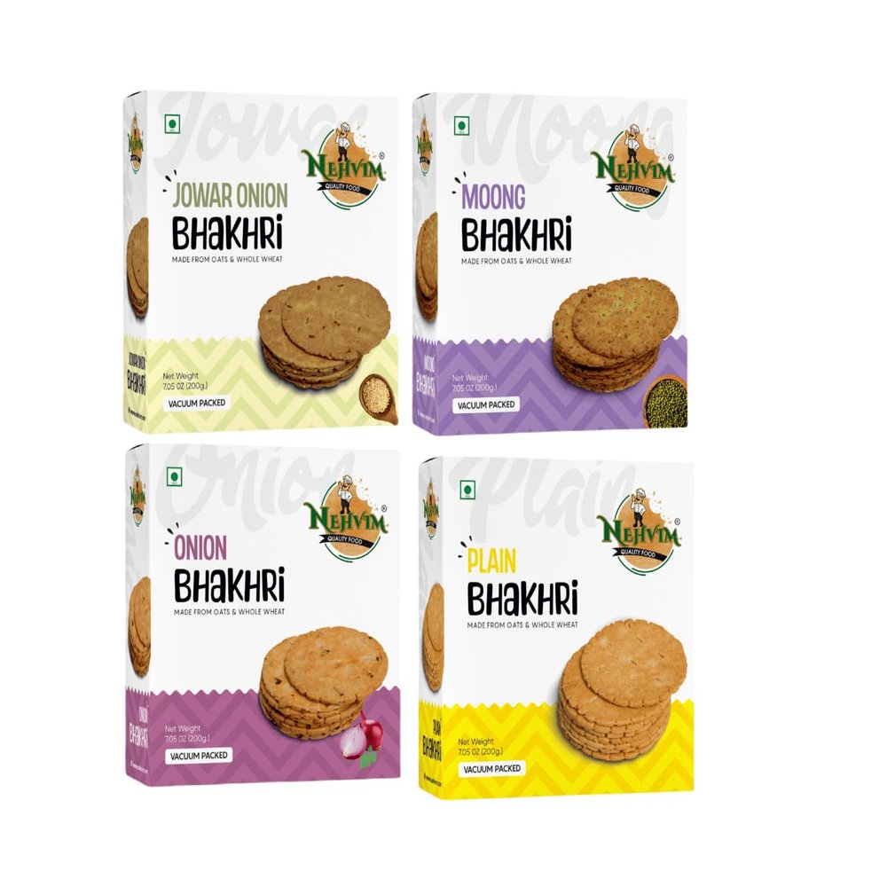 NEHVIM Traditional Freshly Baked Delicious Bhakhri Ideal For Tea Time Snacking, Picnics And Travel Pack Of 4 (Jower Onion, Moong, Onion, Plain),800 G