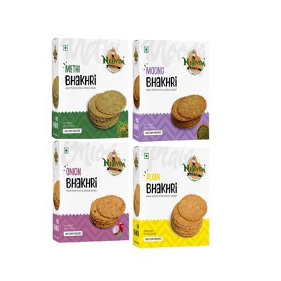 NEHVIM Traditional Freshly Baked Delicious Bhakhri Ideal For Tea Time Snacking, Picnics And Travel Pack Of 4 (Methi, Moong, Onion. Plain),800 G