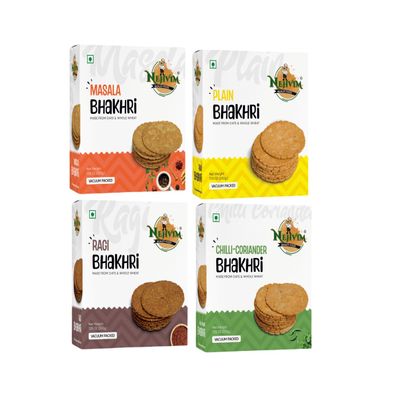 NEHVIM Traditional Freshly Baked Delicious Bhakhri Ideal for Tea Time Snacking, Picnics And Travel Pack Of 4 (Masala, Plain, Ragi, Chilli - Coriander)