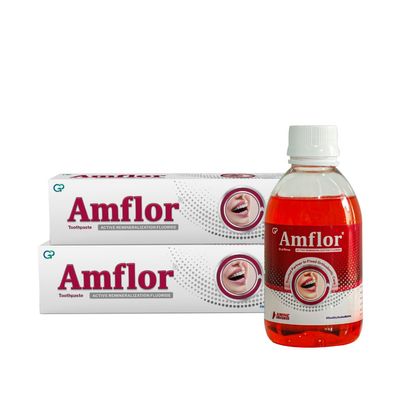 Amflor Orthodontic Toothpaste for Braces (70g x 2) and Amflor Mouthwash (250ml x 1) prevent cavities & White Spot Lesions with Organic Amine Fluoride for Enamel Remineralization Oral Care (combo pack)